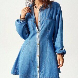 Dark Wash Casual Women's Loose Denim Long Sleeve Mini Dress